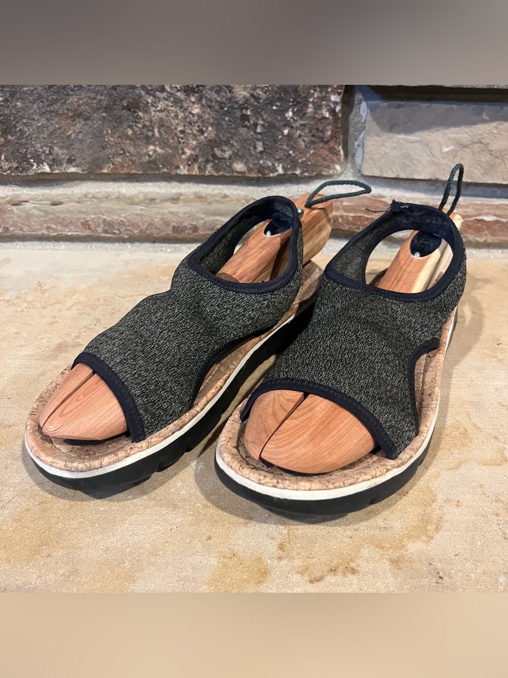 Camper Oruga Black Stretch Knit Slingback Sandals Cork Footbed